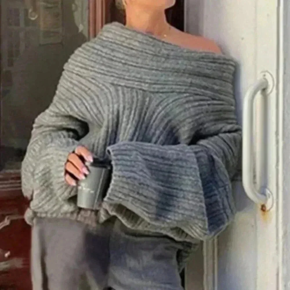 Grey Casual Women's Asymmetric Collar Long Sleeve Loose Sweater